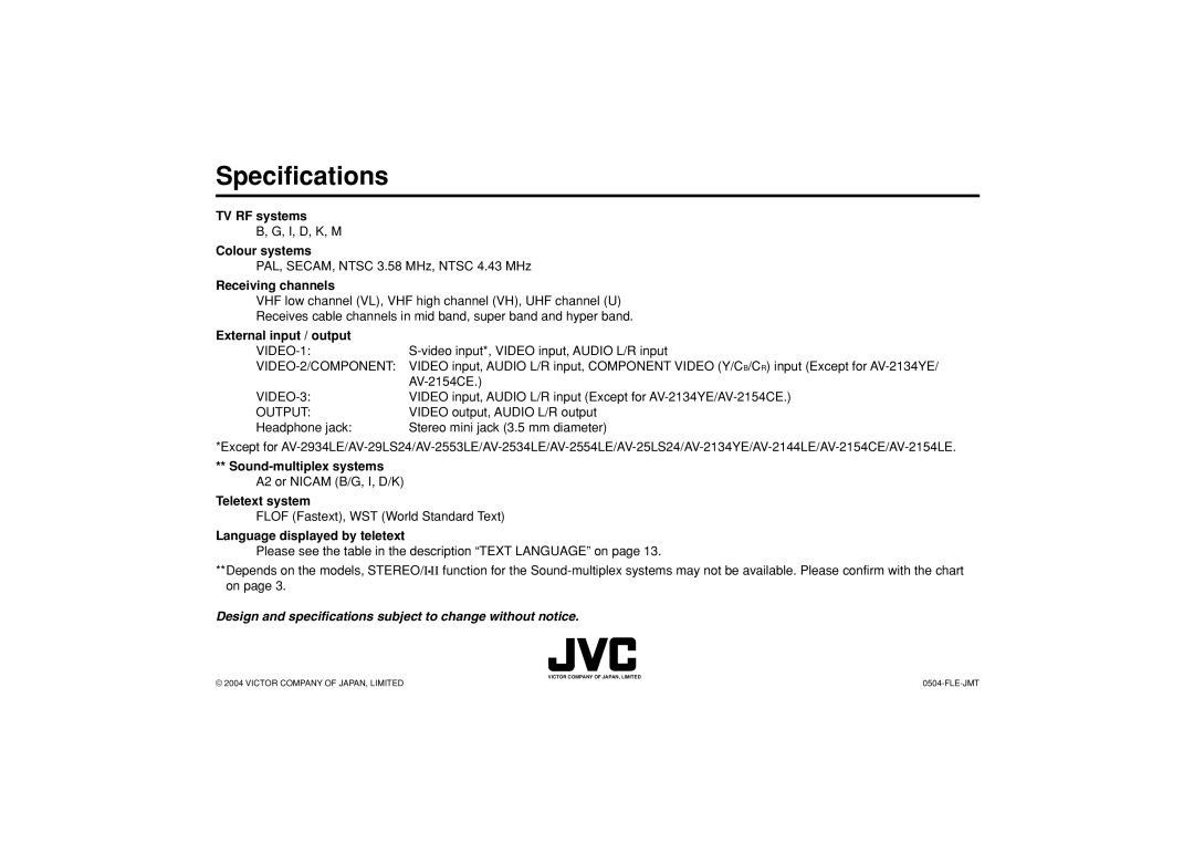 JVC AV-21CS14, AV-21VS14, AV-25VS14, AV-29VS14, GGT0039-001B-H specifications AV-2154CE 