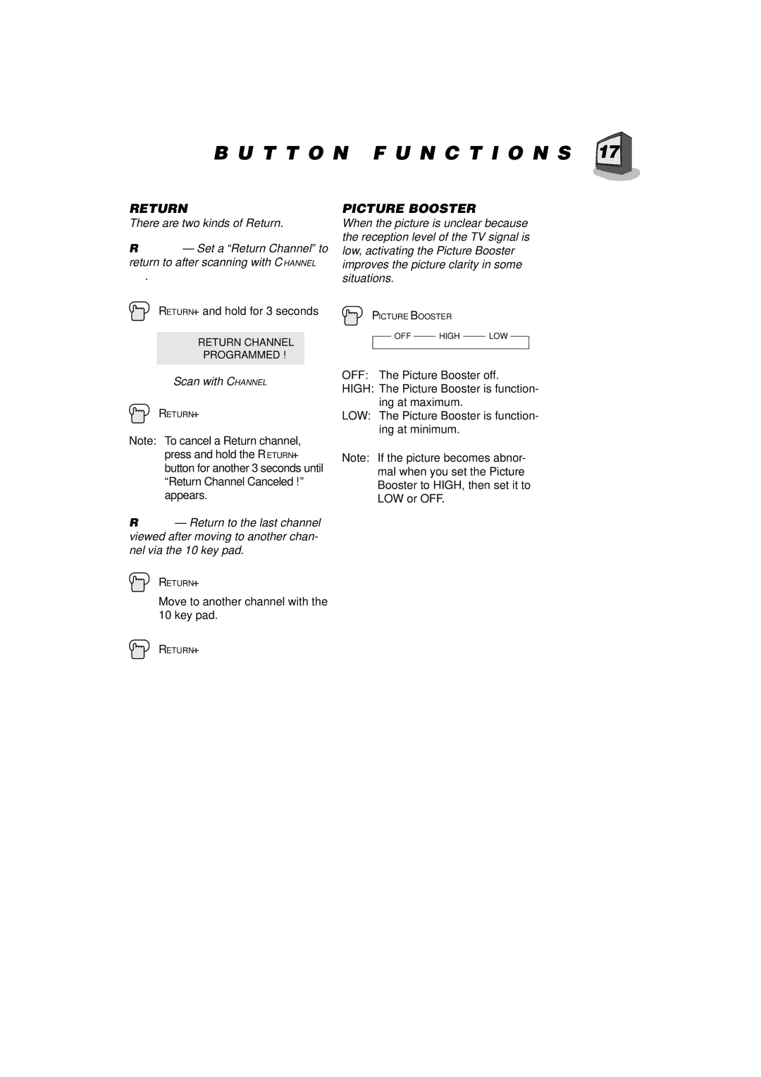 JVC AV-21D31, AV-20N31, AV-14F31, AV-21D11, AV-20N11, AV-14F11 manual Return+, Picture Booster 