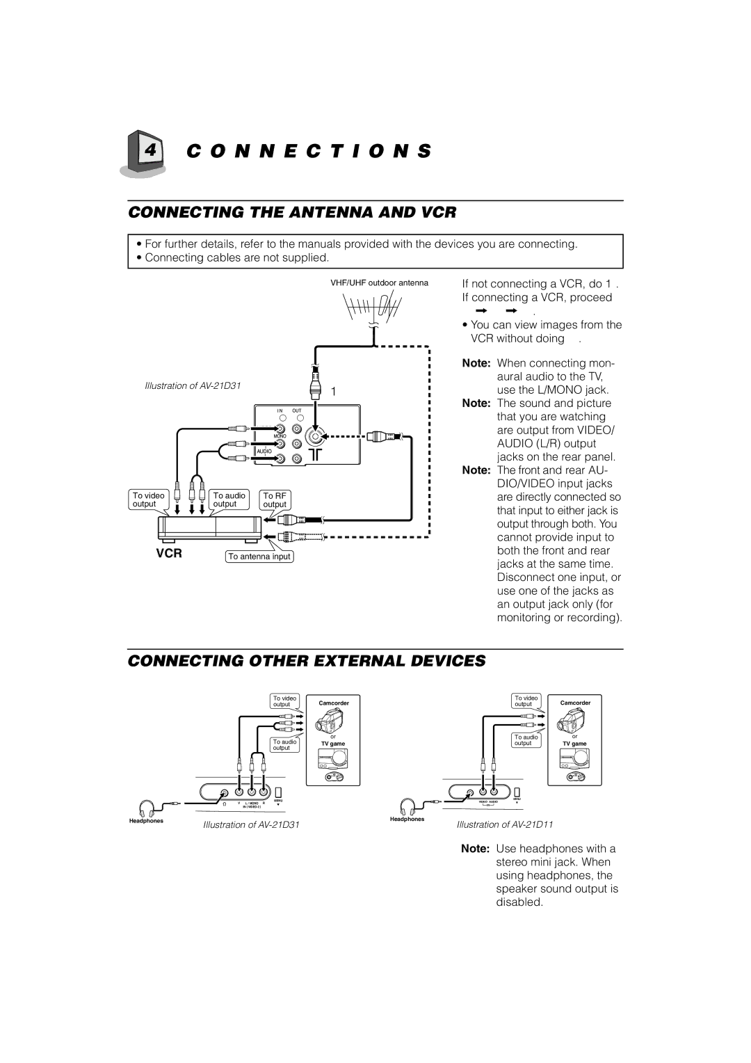 JVC AV-21D31, AV-20N31, AV-14F31, AV-21D11, AV-20N11, AV-14F11 manual O N N E C T I O N S, Connecting the Antenna and VCR 