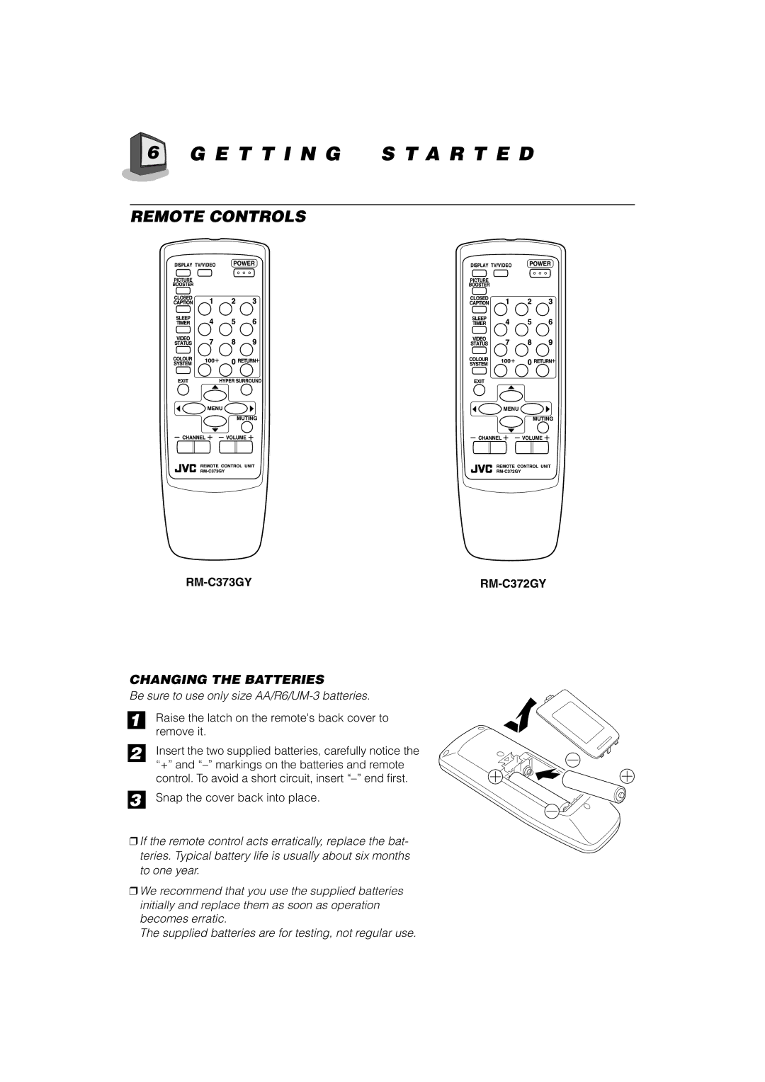 JVC AV-21D31, AV-20N31, AV-14F31, AV-21D11, AV-20N11, AV-14F11 manual E T T I N G S T a R T E D, Remote Controls, RM-C373GY 