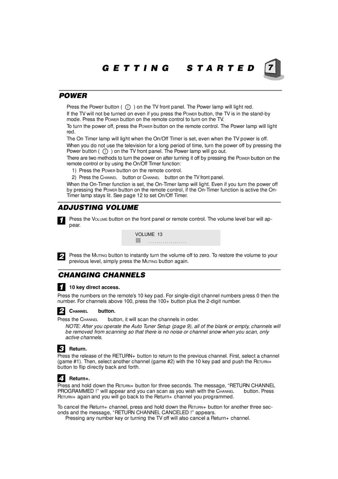 JVC AV-21D31, AV-20N31, AV-14F31, AV-21D11, AV-20N11, AV-14F11 manual T T I N G S T a R T E D, Power, Adjusting Volume 