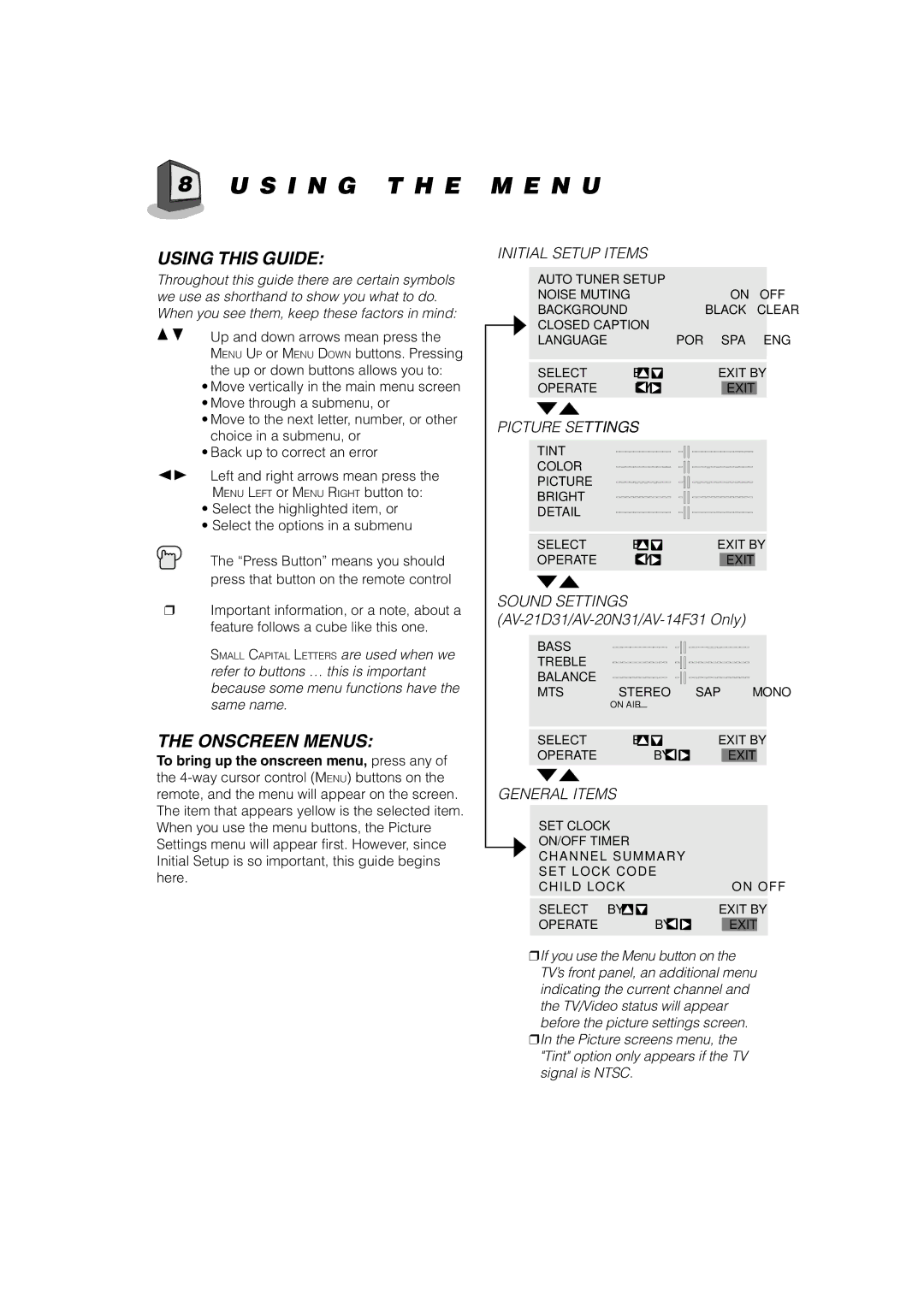 JVC AV-21D31, AV-20N31, AV-14F31, AV-21D11, AV-20N11, AV-14F11 manual S I N G T H E M E N U, Using this Guide 