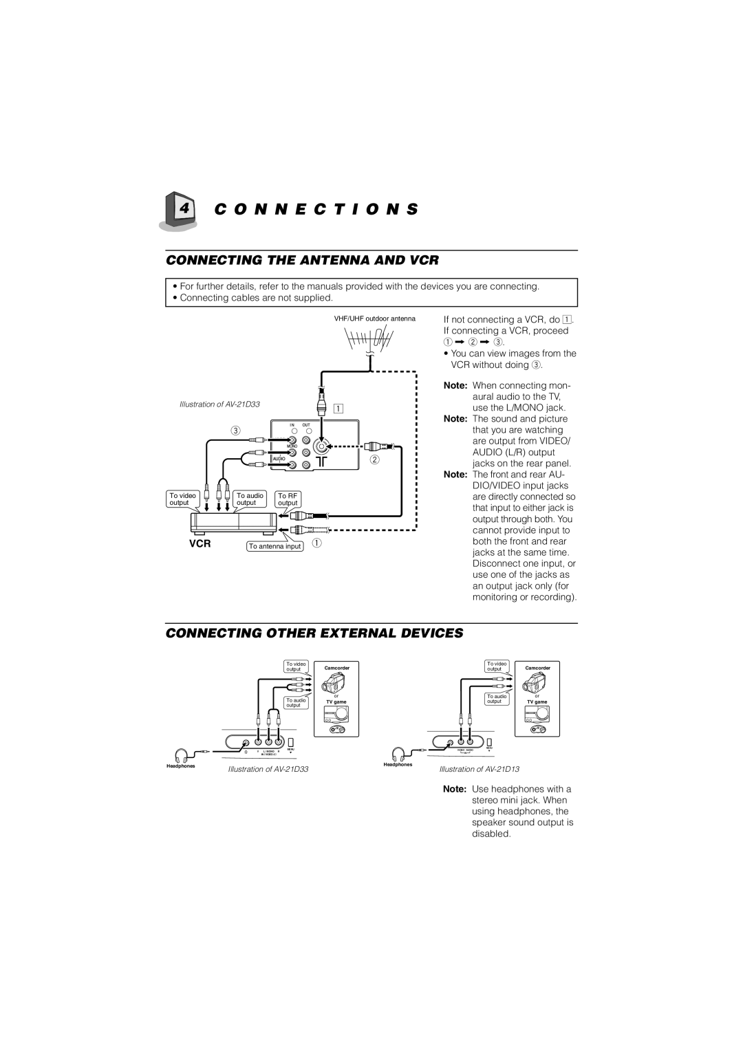 JVC AV-21D33, AV-20N33, AV-14F33, AV-21D13, AV-20N13, AV-14F13 manual O N N E C T I O N S, Connecting the Antenna and VCR 