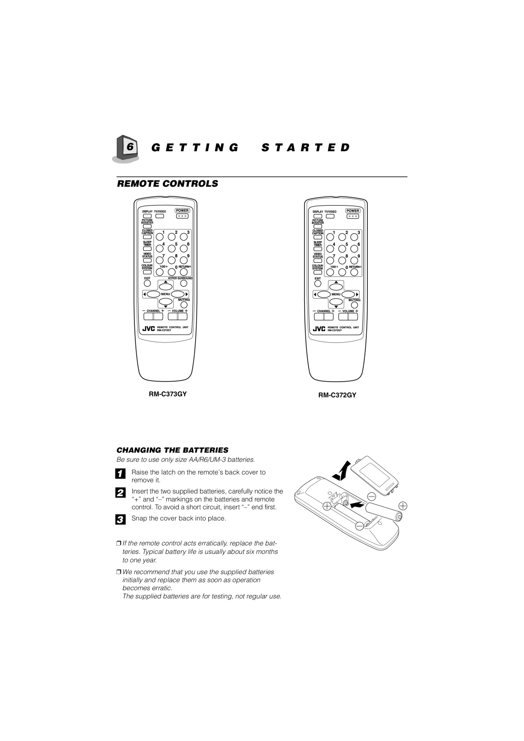 JVC AV-21D33, AV-20N33, AV-14F33, AV-21D13, AV-20N13, AV-14F13 manual E T T I N G S T a R T E D, Remote Controls, RM-C373GY 