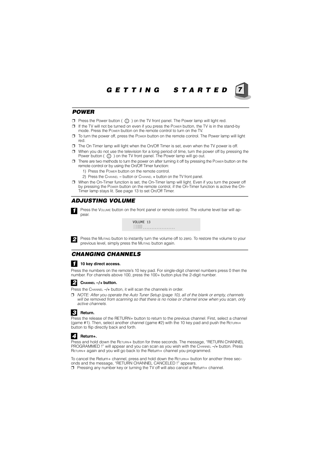 JVC AV-21D33, AV-20N33, AV-14F33, AV-21D13, AV-20N13, AV-14F13 manual T T I N G S T a R T E D, Power, Adjusting Volume 