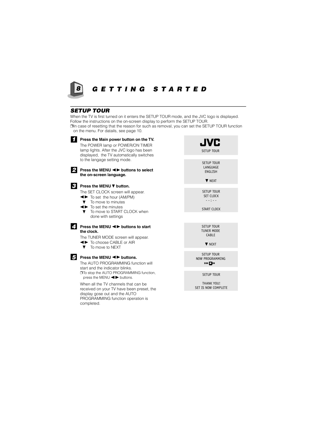 JVC AV-21D33, AV-20N33, AV-14F33, AV-21D13, AV-20N13, AV-14F13 manual Setup Tour, Press the Main power button on the TV 