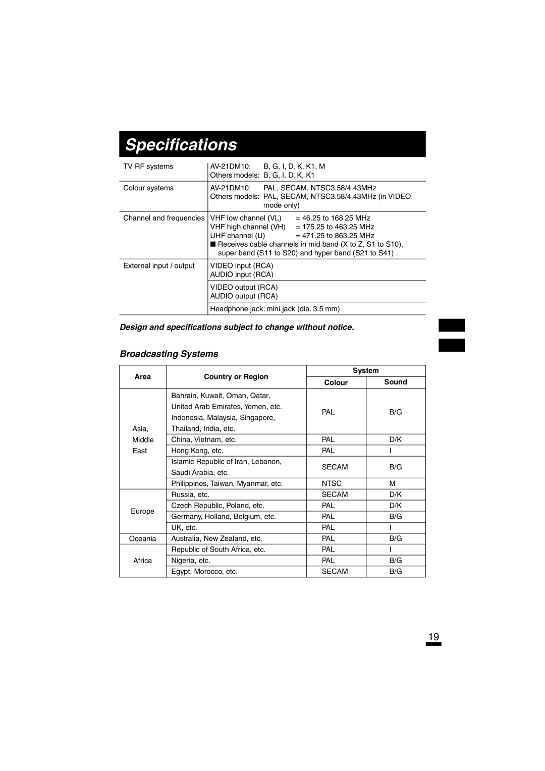 JVC AV-21LT1, AV-21DM10, AV-21DTG2 Specifications, Broadcasting Systems, Area Country or Region System Colour Sound 