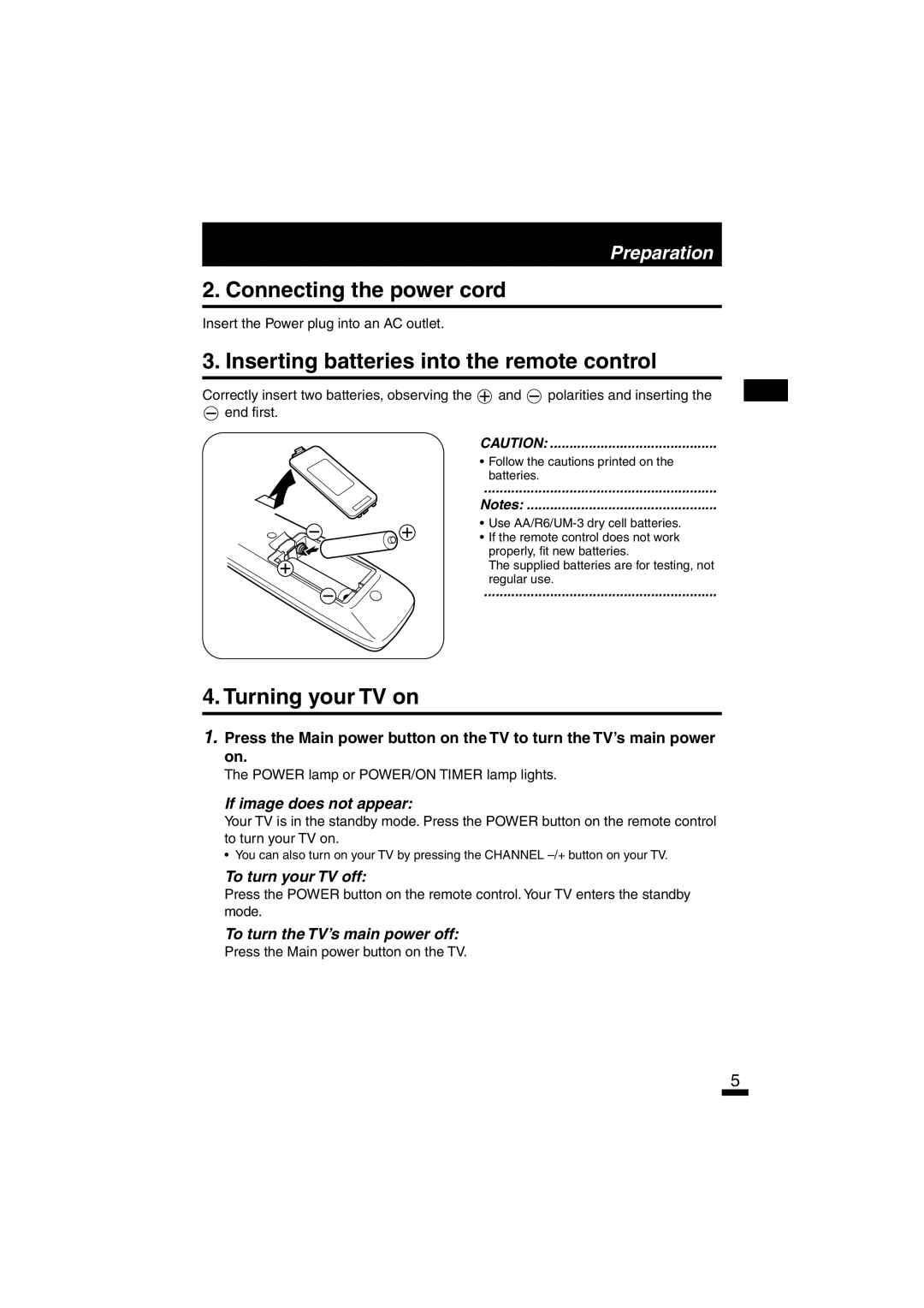 JVC AV-20NTG2, AV-21DM10 Connecting the power cord, Inserting batteries into the remote control, Turning your TV on 