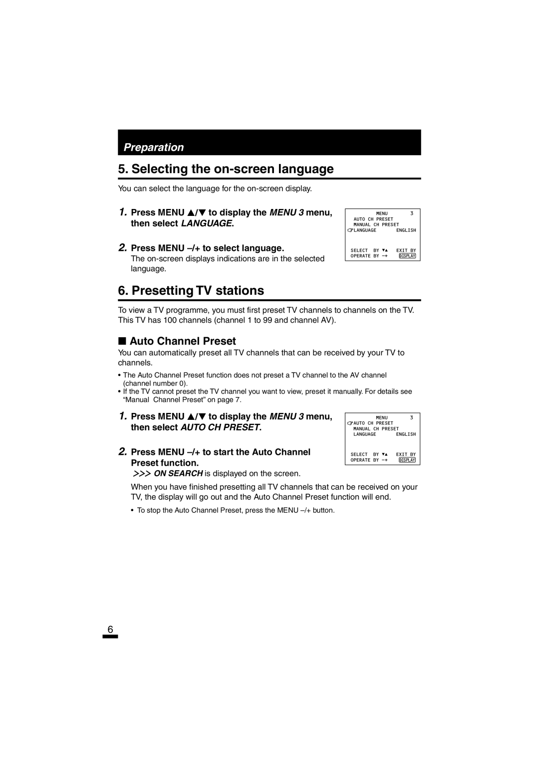 JVC AV-14ATG2, AV-21DM10, AV-21DTG2, AV-21LTG1 Selecting the on-screen language, Presetting TV stations, Auto Channel Preset 