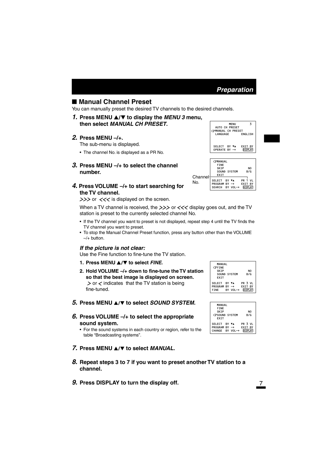 JVC AV-14FTG2 Manual Channel Preset, Press Menu -/+ to select the channel number, Press Volume -/+ to start searching for 