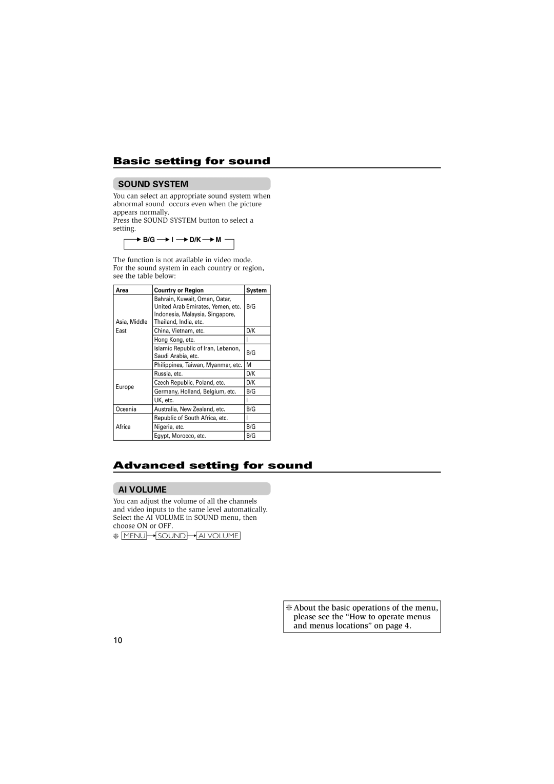 JVC AV-21DMG4, AV-21DMT4 Basic setting for sound, Advanced setting for sound, Sound System, Menu Sound AI Volume 