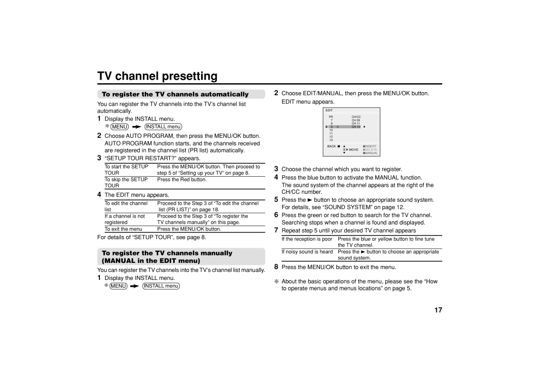 JVC AV-20NX14, AV-21DX14 specifications TV channel presetting, To register the TV channels automatically, Edit menu appears 