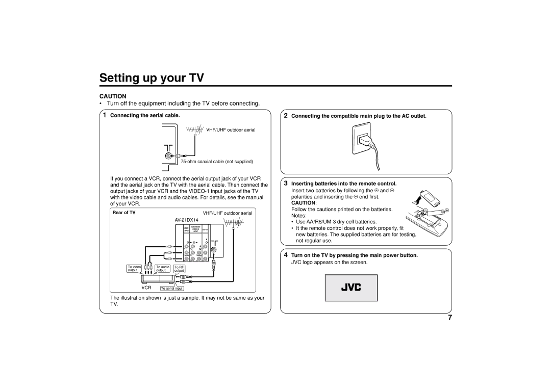 JVC AV-20NX14, AV-21DX14 specifications Setting up your TV, Turn off the equipment including the TV before connecting 