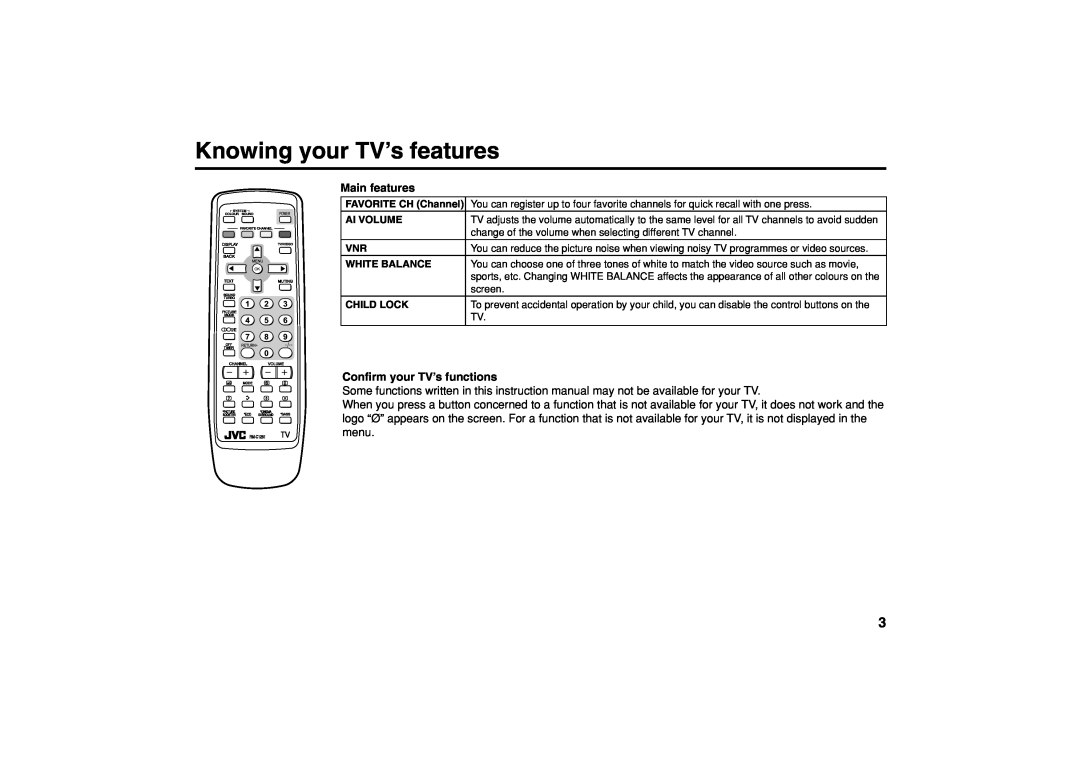 JVC AV-20NX14, AV-21DX14, AV-21DX14, AV-20NX14 Knowing your TV’s features, Main features, Confirm your TV’s functions 