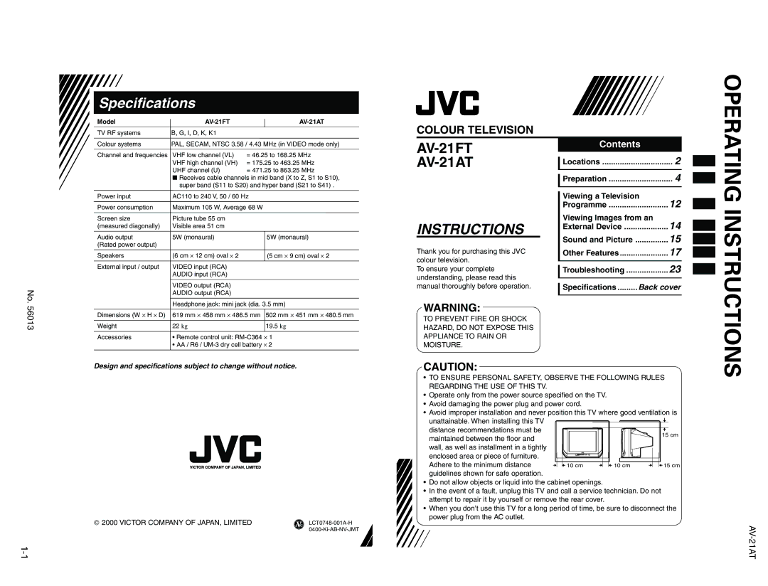 JVC AV-21AT, AV-21FT specifications Instructions 