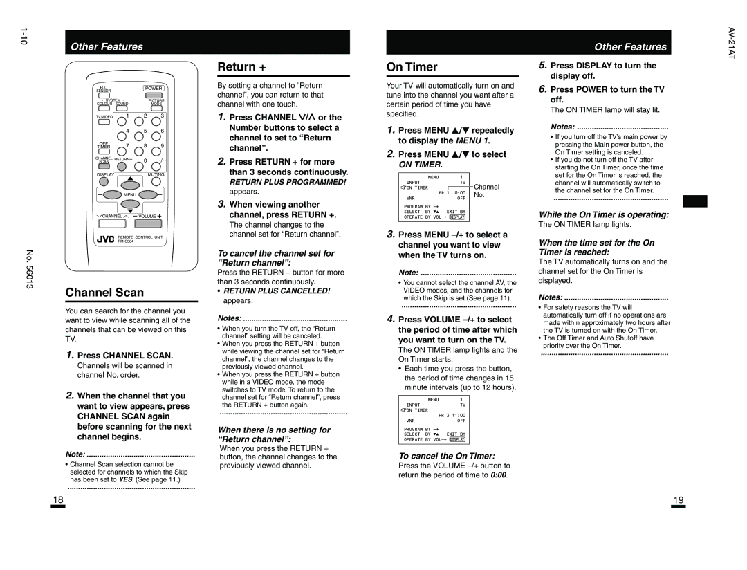 JVC AV-21FT, AV-21AT specifications Return +, On Timer, Channel Scan 