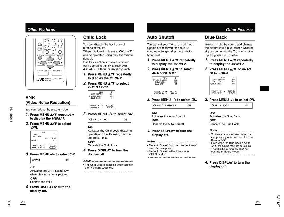 JVC AV-21AT, AV-21FT specifications Child Lock, Auto Shutoff, Blue Back, Video Noise Reduction 