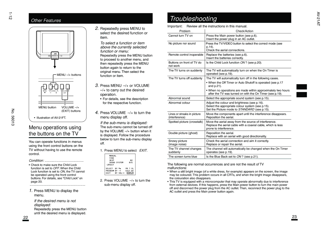 JVC AV-21FT, AV-21AT specifications Menu operations using the buttons on the TV 