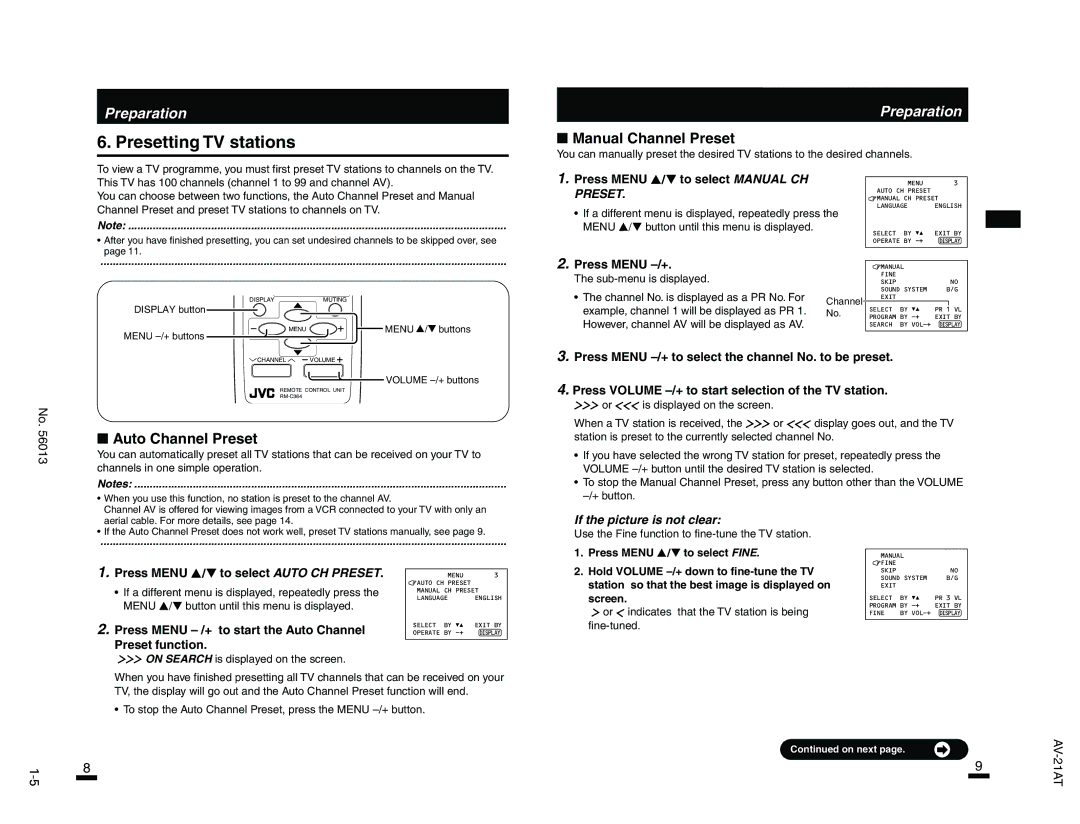 JVC AV-21AT, AV-21FT specifications Presetting TV stations, Auto Channel Preset, To select Auto CH Preset 