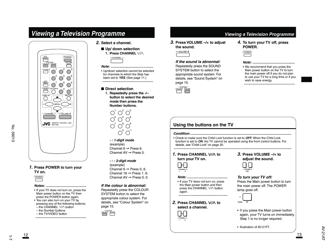 JVC AV-21AT, AV-21FT specifications Using the buttons on the TV 