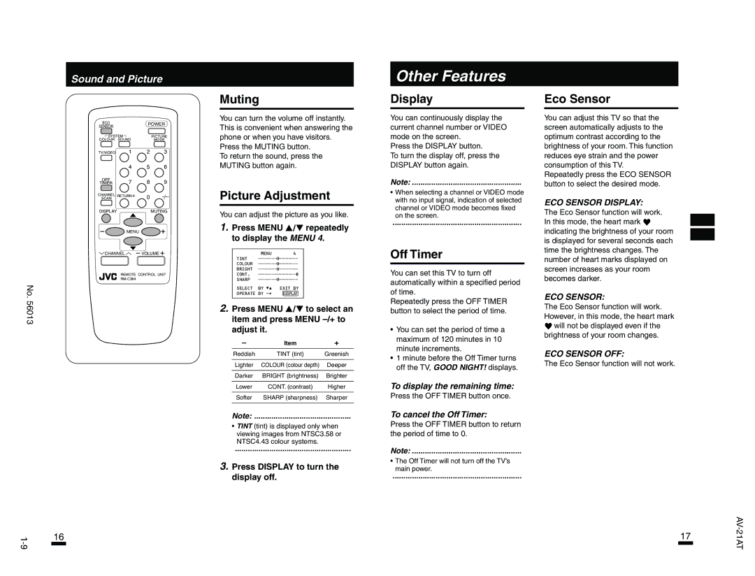 JVC AV-21AT, AV-21FT specifications Muting, Display Eco Sensor, Picture Adjustment, Off Timer, ECO Sensor Display 