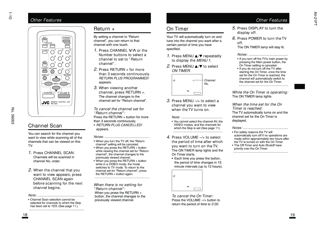 JVC AV-21FT, AV-21AT specifications Return +, On Timer, Channel Scan 