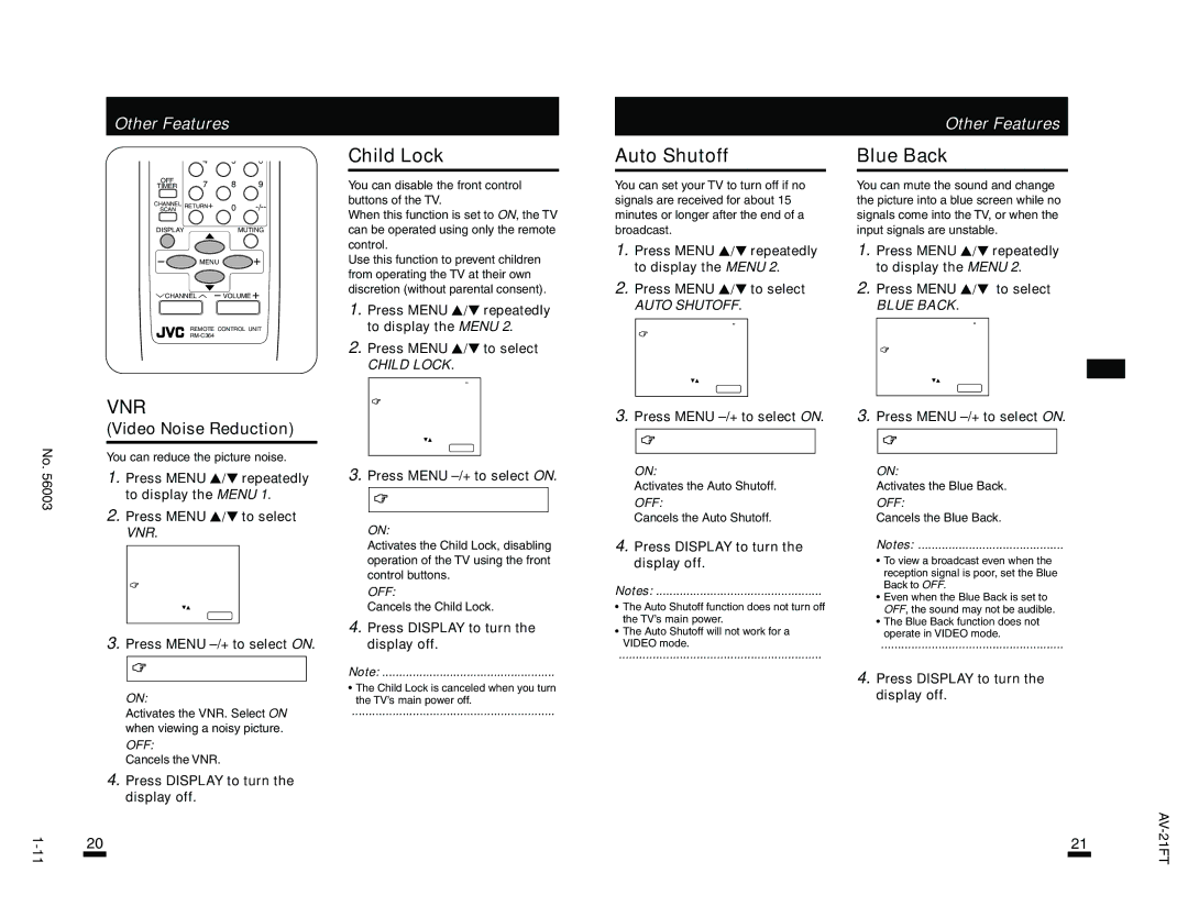 JVC AV-21FT, AV-21AT specifications Child Lock, Auto Shutoff, Blue Back, Video Noise Reduction 