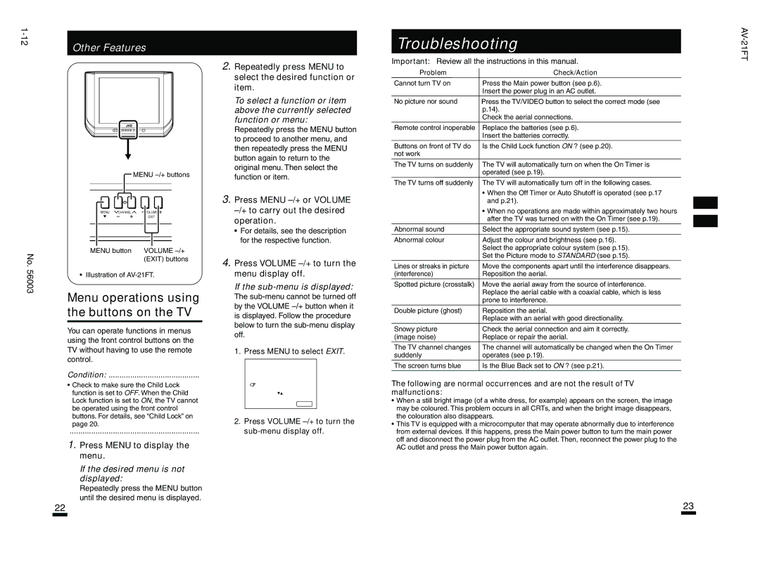 JVC AV-21FT, AV-21AT specifications Menu operations using the buttons on the TV 