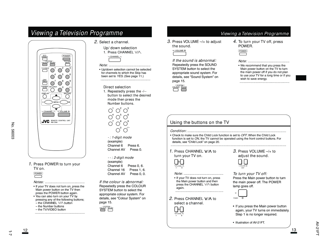 JVC AV-21FT, AV-21AT specifications Using the buttons on the TV 