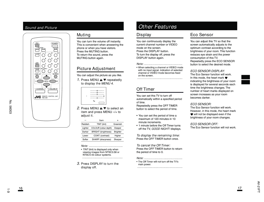 JVC AV-21FT, AV-21AT specifications Muting, Display Eco Sensor, Picture Adjustment, Off Timer, ECO Sensor Display 