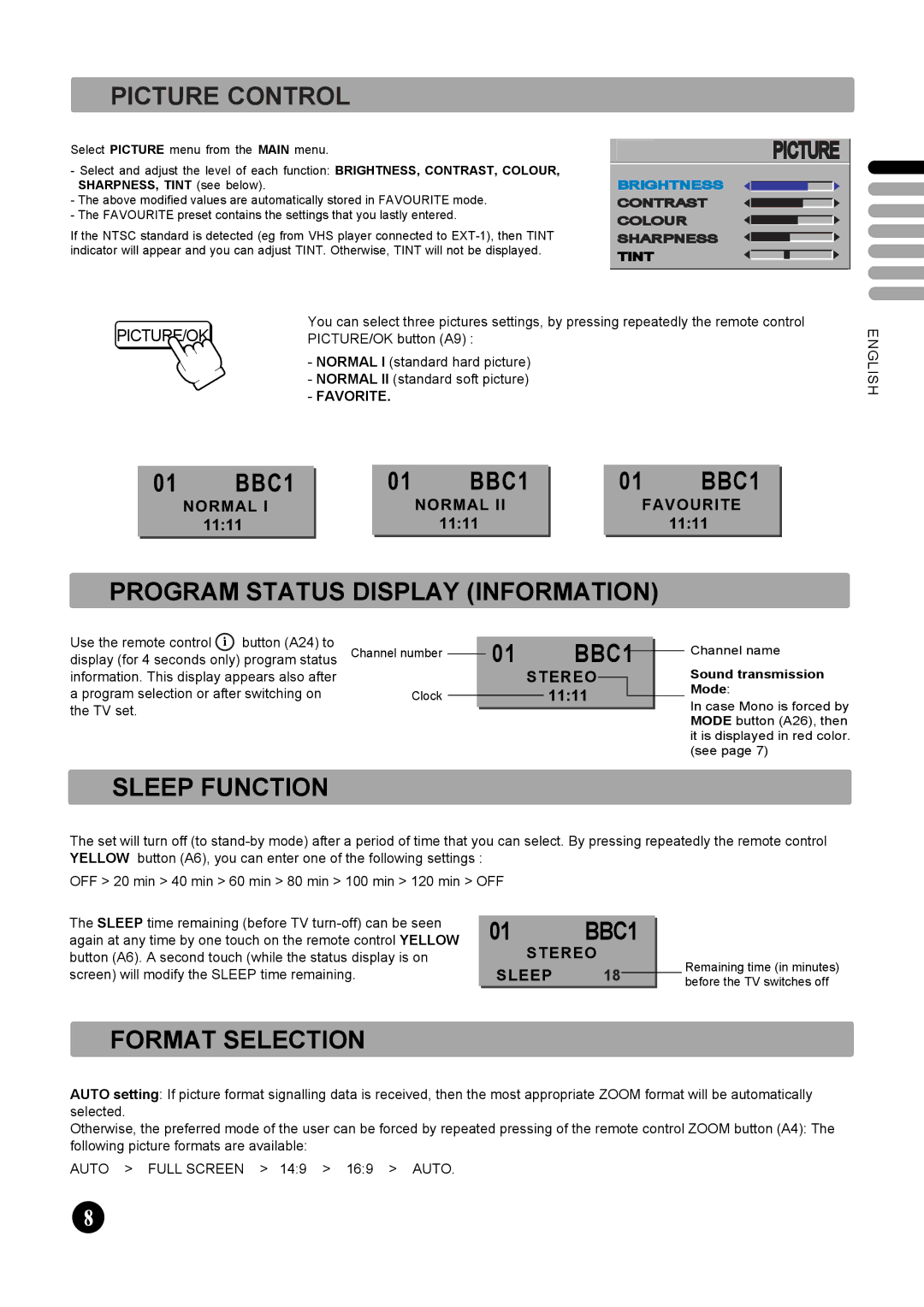 JVC AV-21FT1BUG manual BBC1, Program Status Display Information, Sleep Function, Format Selection 