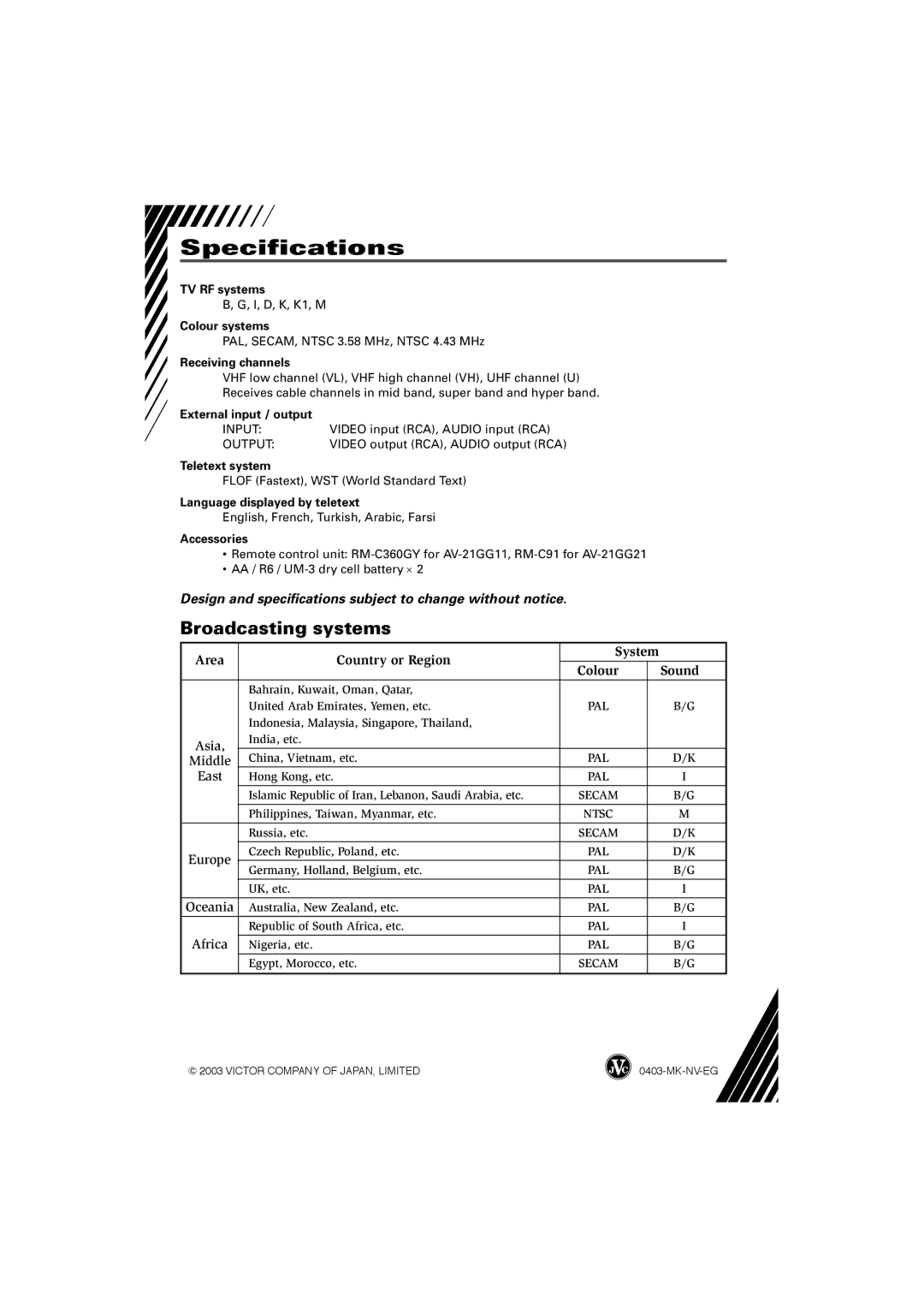 JVC AV-21GG11, AV-21GG21, AV-21GG21, AV-21GG11 specifications Specifications, Broadcasting systems 