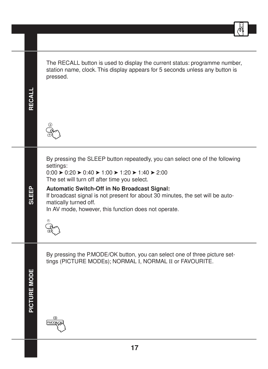 JVC AV-14JT5EU, AV-21JT5EU manual Recall Sleep Picture Mode, Automatic Switch-Off in No Broadcast Signal 
