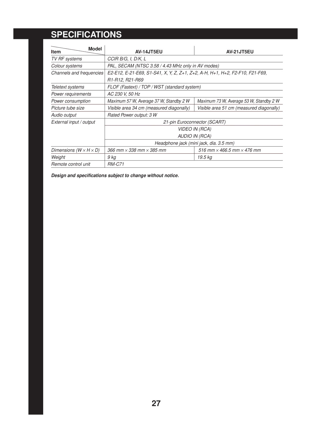 JVC AV-14JT5EU, AV-21JT5EU manual Specifications, AV-14JT5EU AV-21JT5EU 