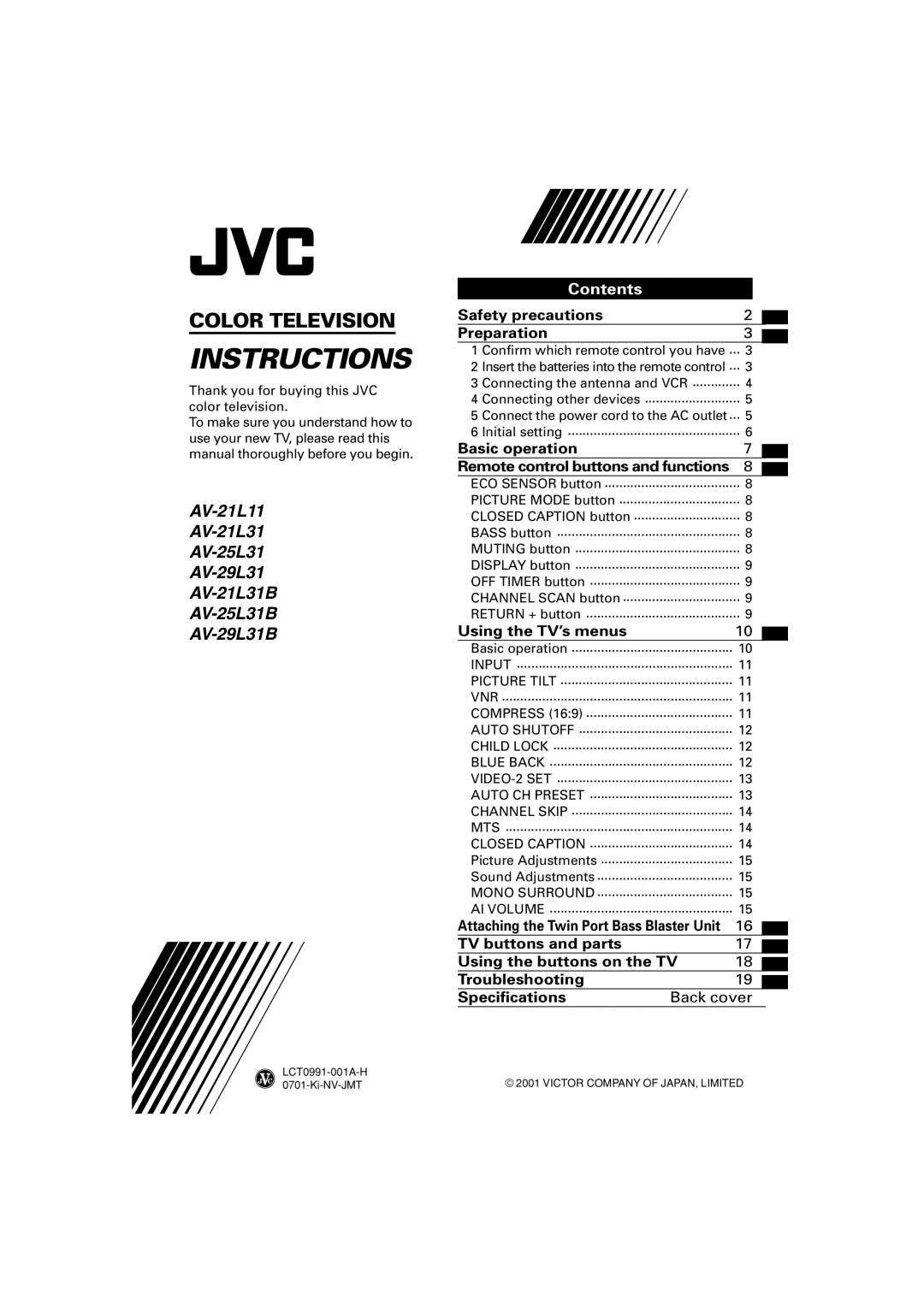 JVC AV-21L11, AV-21L31, AV-25L31, AV-29L31, AV-21L31B, AV-25L31B, AV-29L31B specifications Instructions 