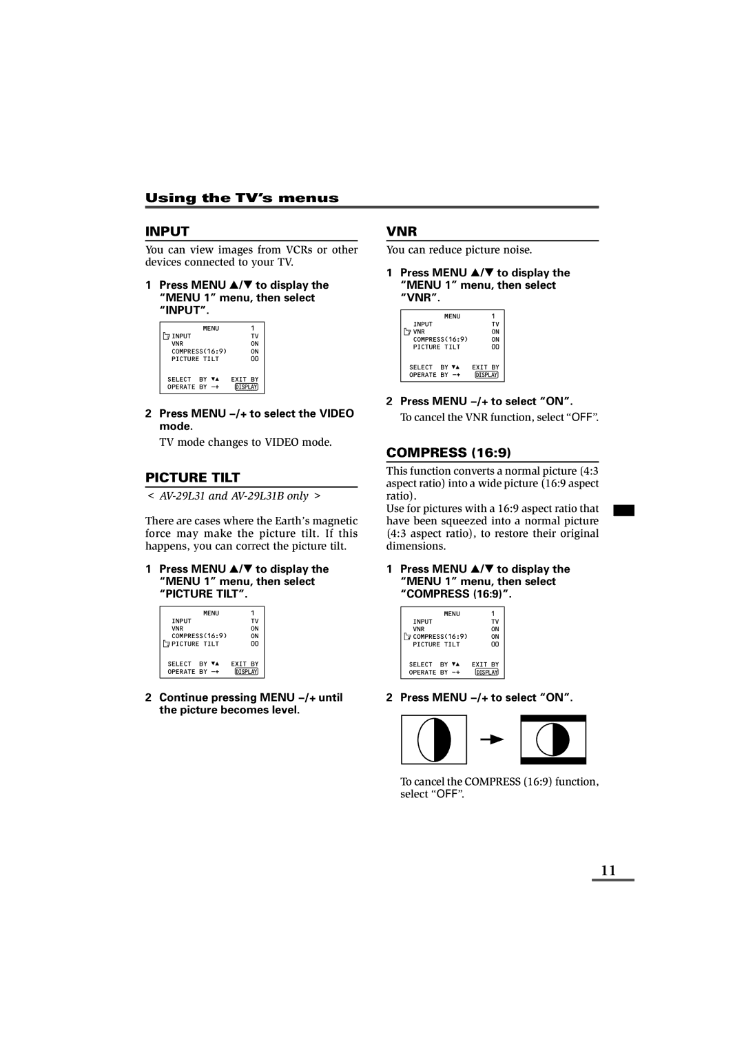 JVC AV-21L11, AV-21L31, AV-25L31, AV-29L31, AV-21L31B, AV-25L31B, AV-29L31B Input, Picture Tilt, Vnr, Compress 