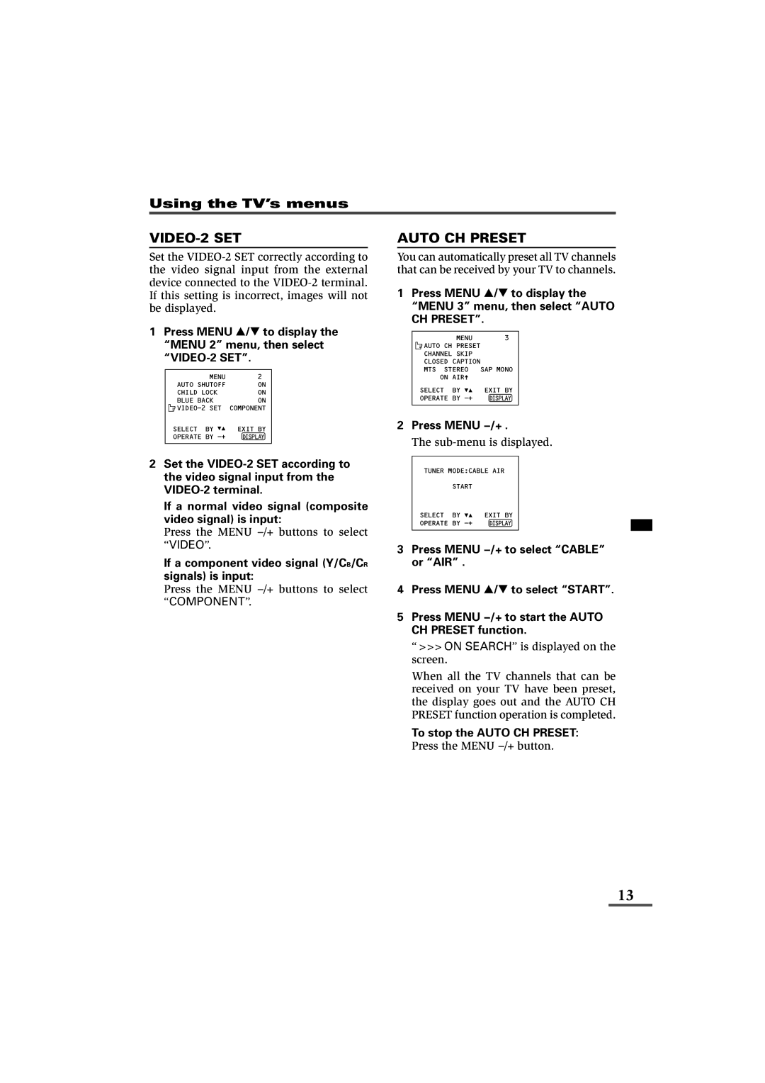 JVC AV-21L11, AV-21L31, AV-25L31, AV-29L31, AV-21L31B, AV-25L31B, AV-29L31B VIDEO-2 SET, Auto CH Preset, Press Menu M 