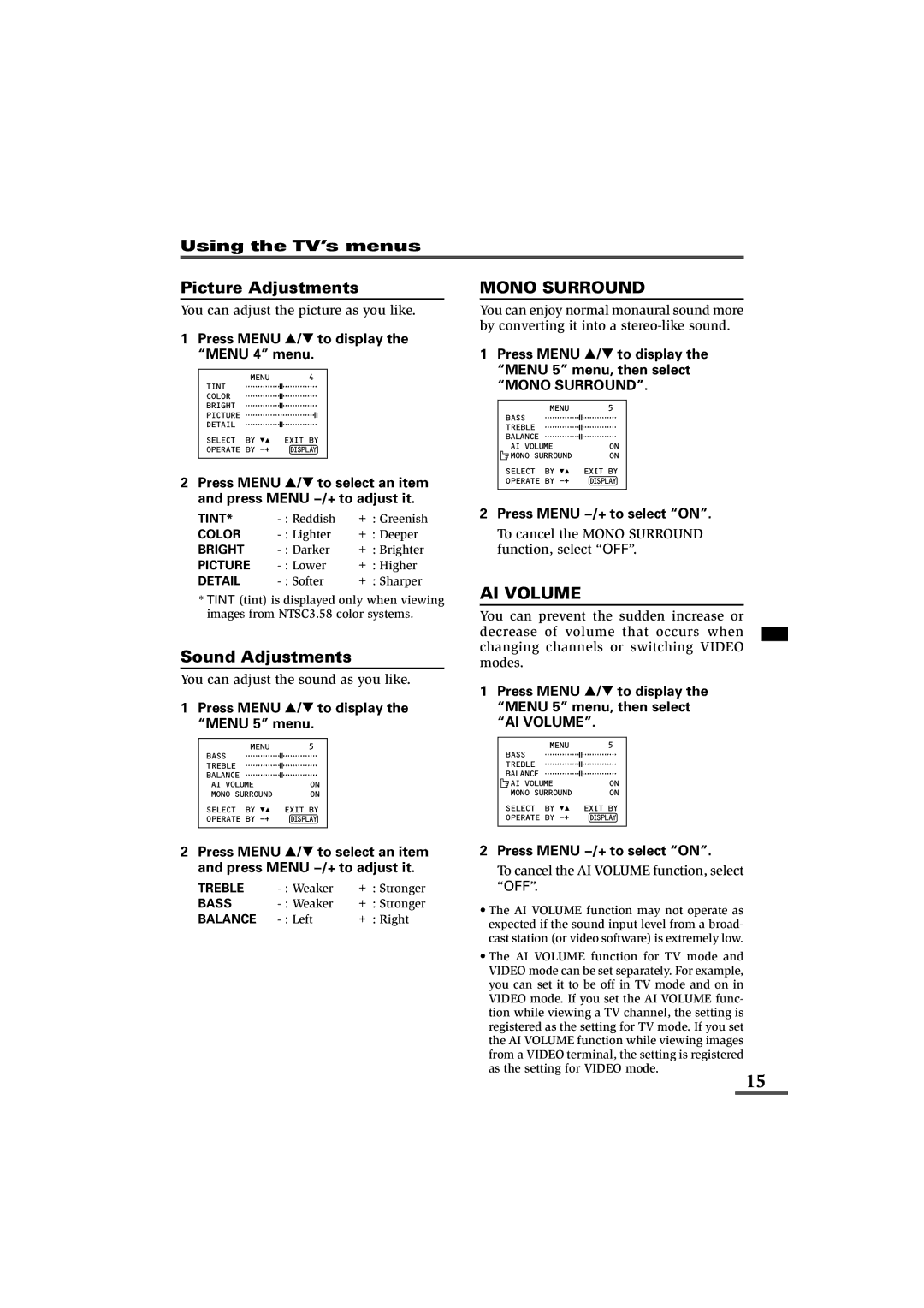 JVC AV-21L11, AV-21L31, AV-25L31, AV-29L31, AV-21L31B, AV-25L31B, AV-29L31B Picture Adjustments, Sound Adjustments 