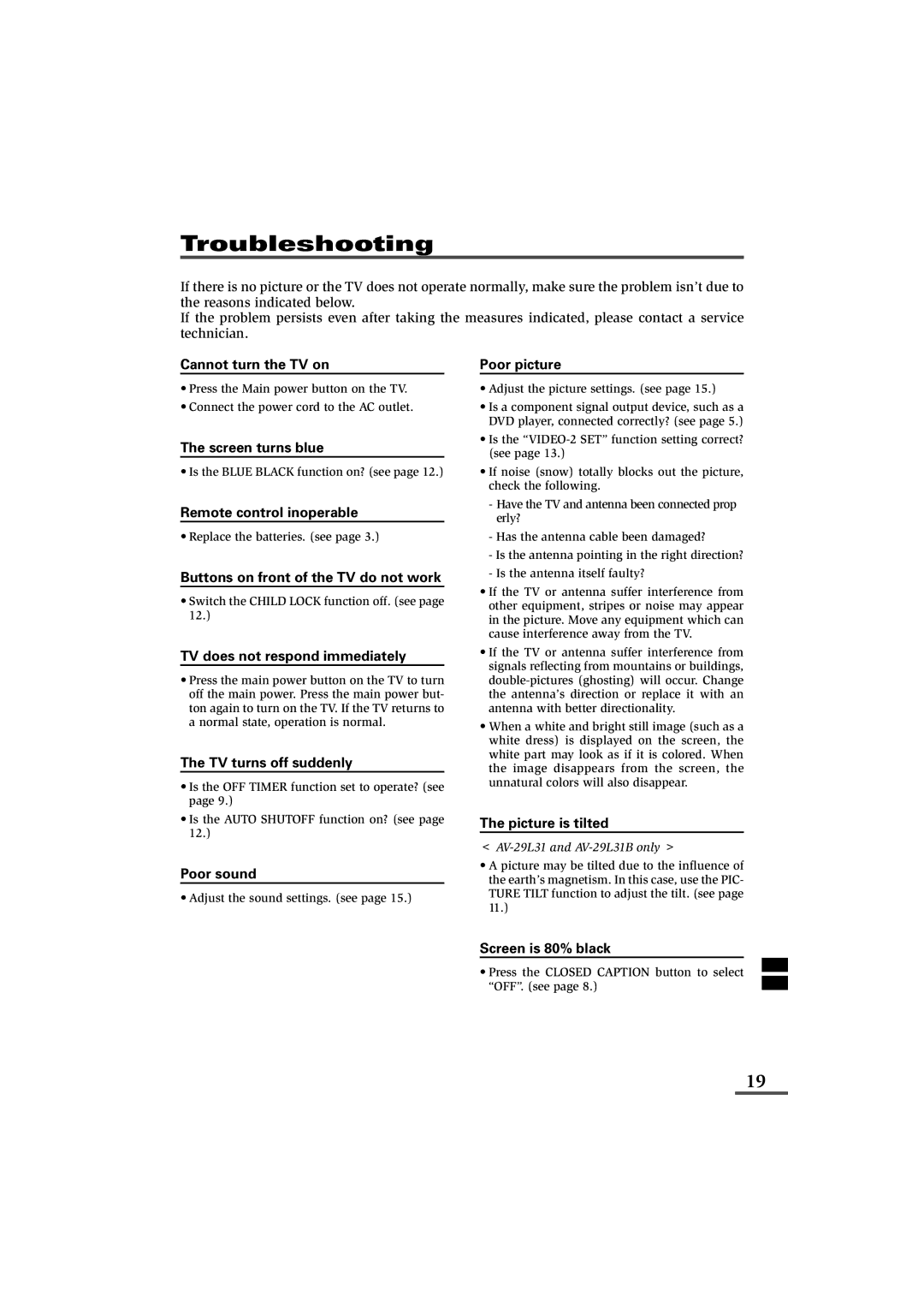 JVC AV-21L11, AV-21L31, AV-25L31, AV-29L31, AV-21L31B, AV-25L31B, AV-29L31B specifications Troubleshooting 