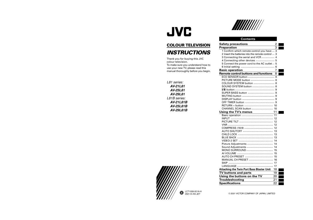 JVC AV-21L81, AV-25L81, AV-29L81, AV-21L81B, AV-25L81B, AV-29L81B specifications Instructions 