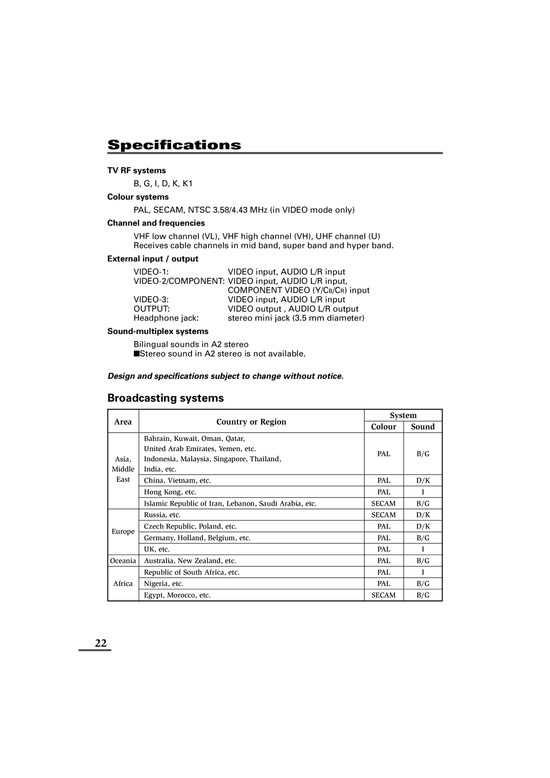 JVC AV-21L81, AV-25L81, AV-29L81, AV-21L81B, AV-25L81B, AV-29L81B specifications Specifications, Broadcasting systems 