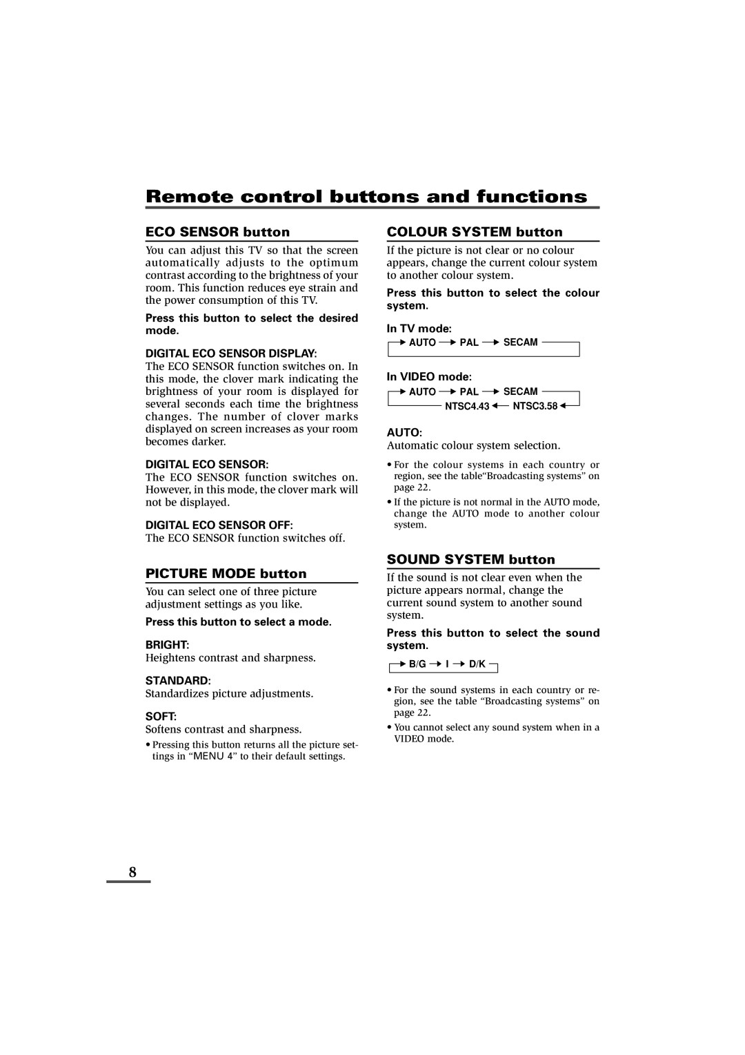 JVC AV-21L81, AV-25L81, AV-29L81, AV-21L81B, AV-25L81B, AV-29L81B Remote control buttons and functions, ECO Sensor button 