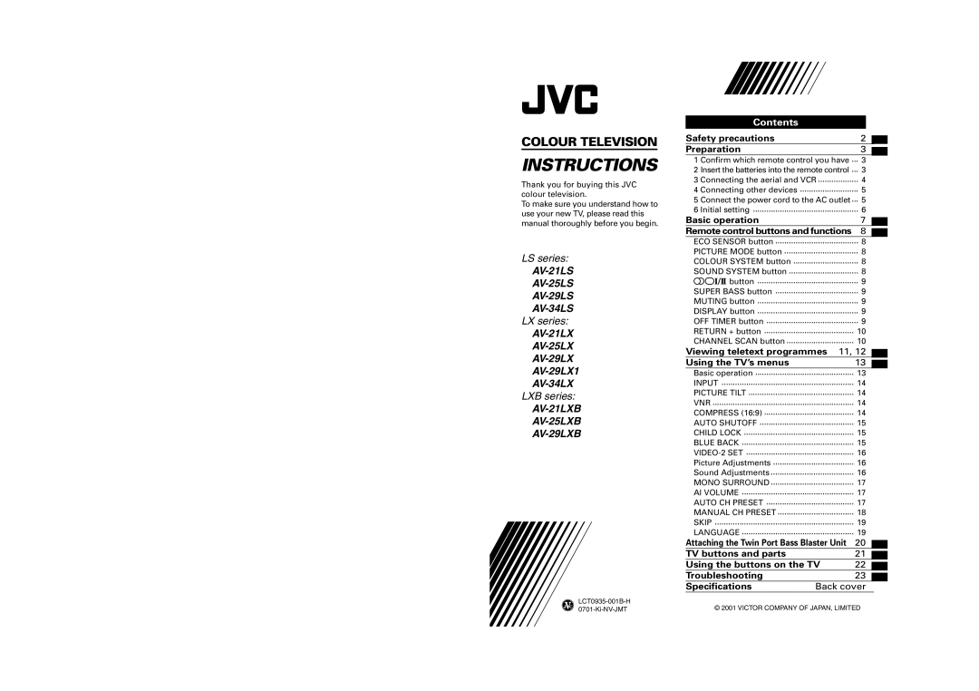 JVC AV-21LXB, AV-25LS, AV-25LXB, AV-29LX1, AV-29LXB, AV-29LS, AV-34LX, AV-34LS, AV-21LS specifications Instructions 