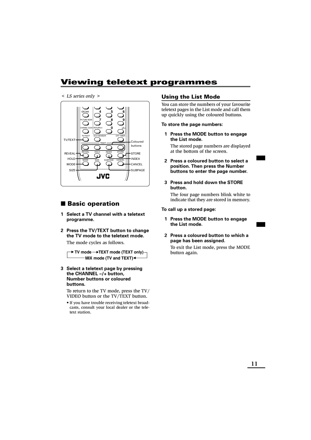 JVC AV-21LS, AV-21LXB, AV-25LX Viewing teletext programmes, Basic operation, Using the List Mode, Mode cycles as follows 