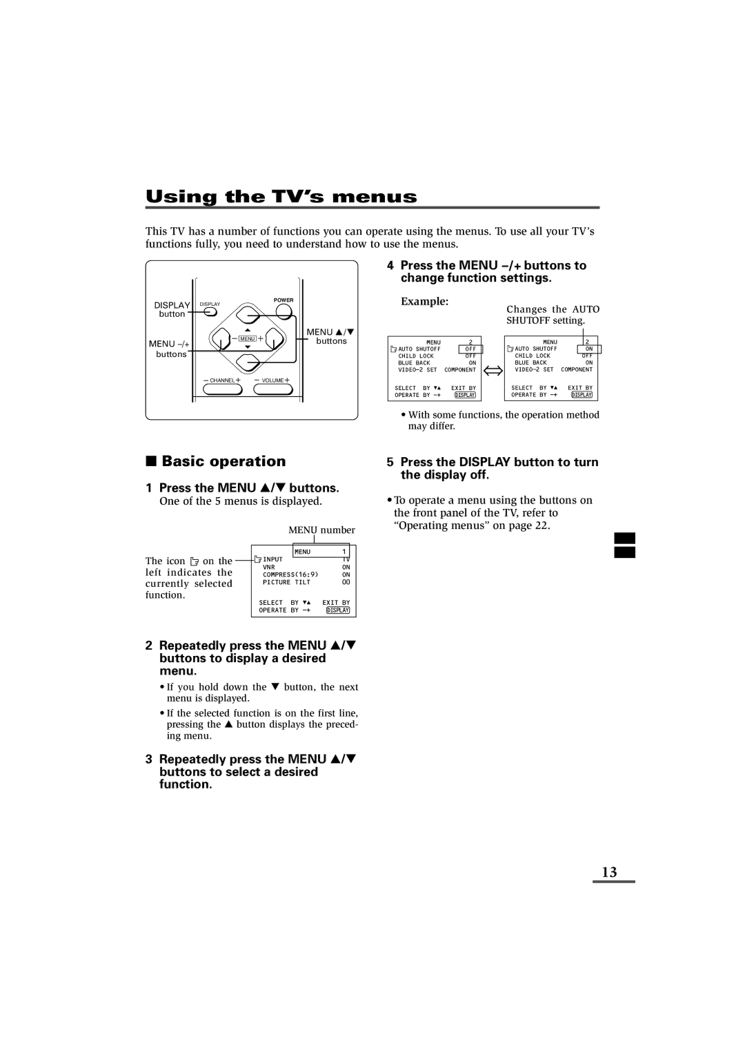 JVC AV-21LXB Using the TV’s menus, Press the Menu Mbuttons to change function settings, Press the Menu Tbuttons 