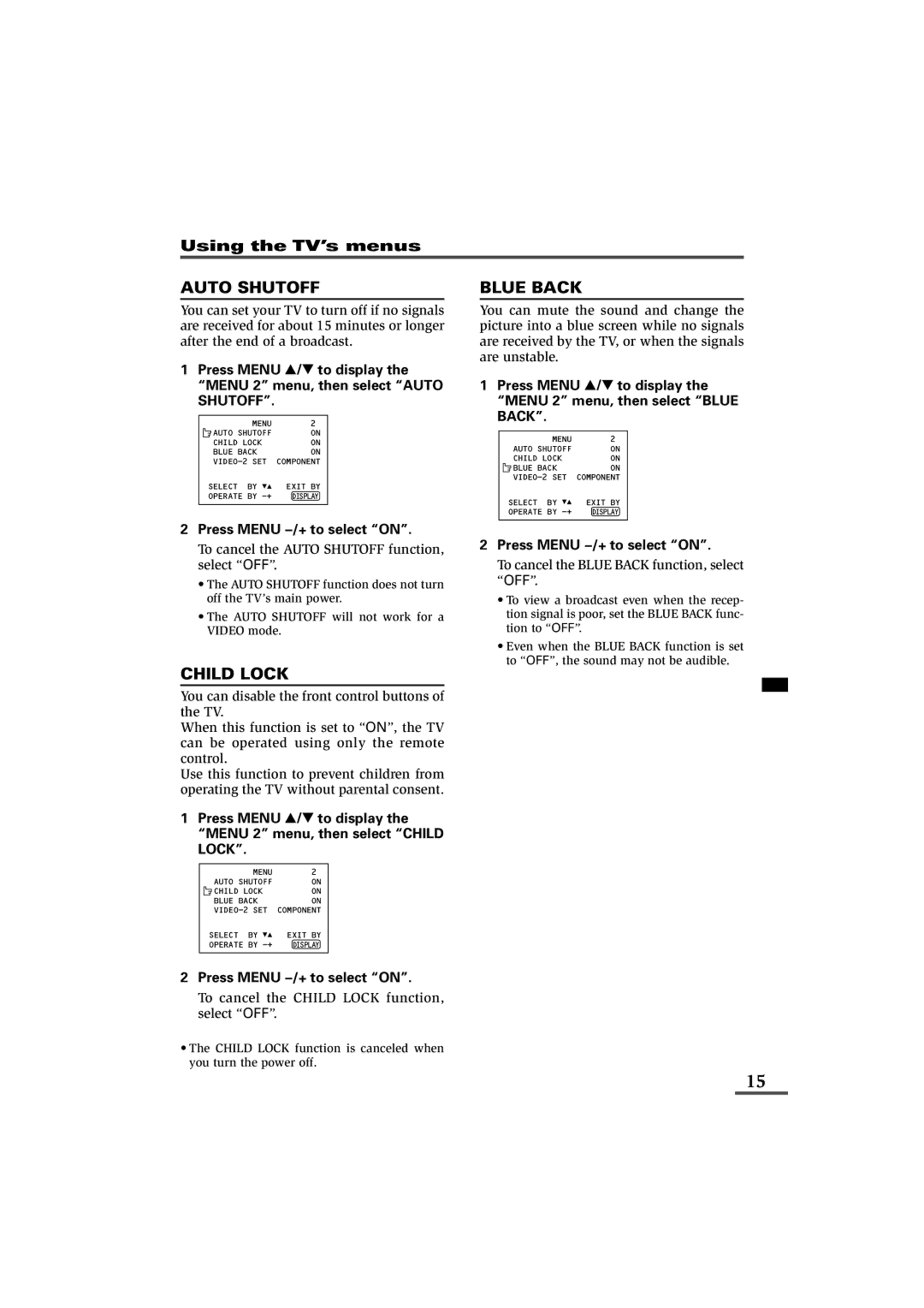 JVC AV-25LS, AV-21LXB, AV-25LX Auto Shutoff, Blue Back, Press Menu Tto display Menu 2 menu, then select Child Lock 