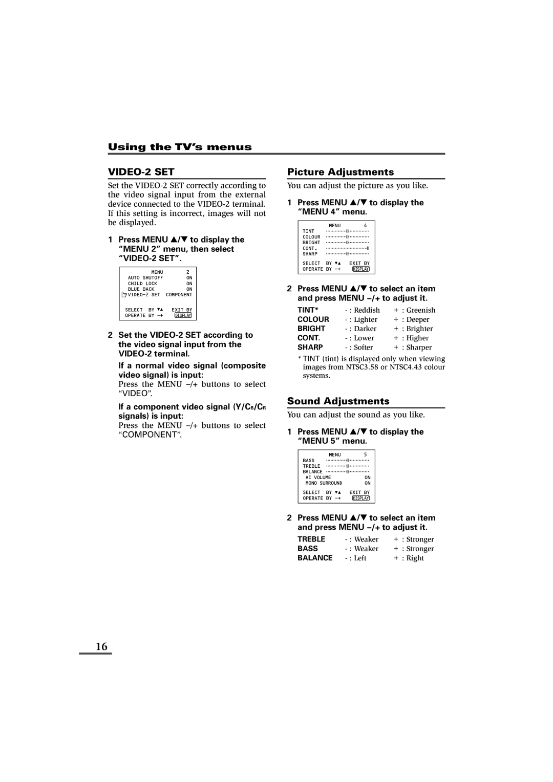 JVC AV-25LXB, AV-21LXB, AV-25LS, AV-29LX1, AV-29LXB, AV-29LS, AV-34LX VIDEO-2 SET, Picture Adjustments, Sound Adjustments 