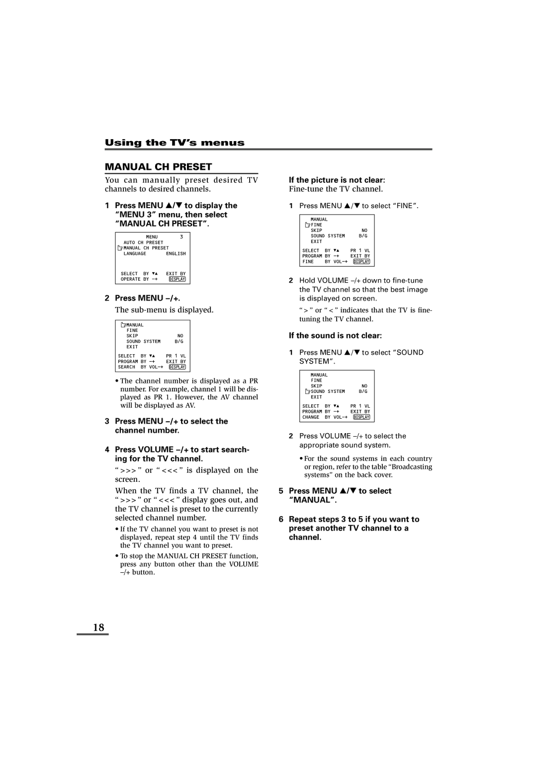 JVC AV-29LXB Manual CH Preset, Press Menu Tto display the Menu 3 menu, then select, Press Menu M, Sub-menu is displayed 