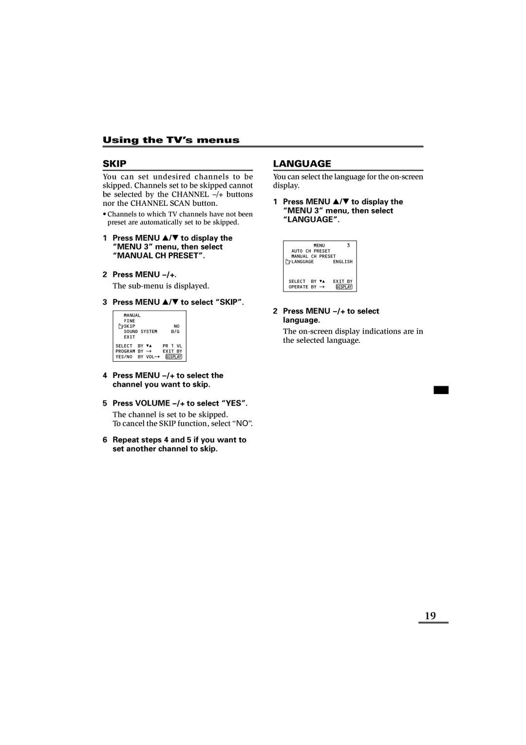 JVC AV-29LX, AV-21LXB, AV-25LS, AV-25LXB, AV-29LS Language, Press Menu Tto select Skip, Press Menu Mto select language 