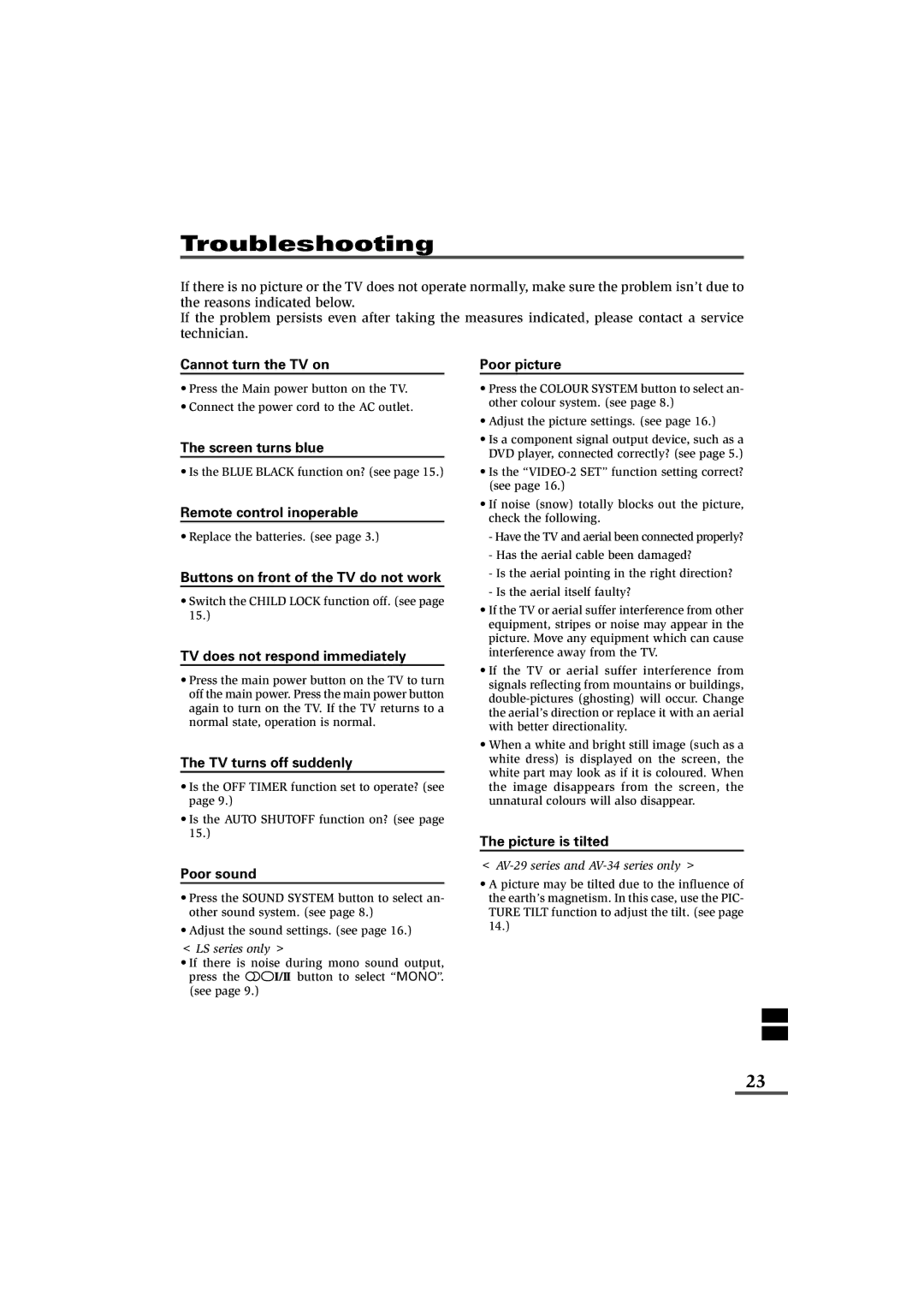 JVC AV-21LS, AV-21LXB, AV-25LS, AV-25LXB, AV-29LX1, AV-29LXB, AV-29LS, AV-34LX, AV-34LS specifications Troubleshooting 